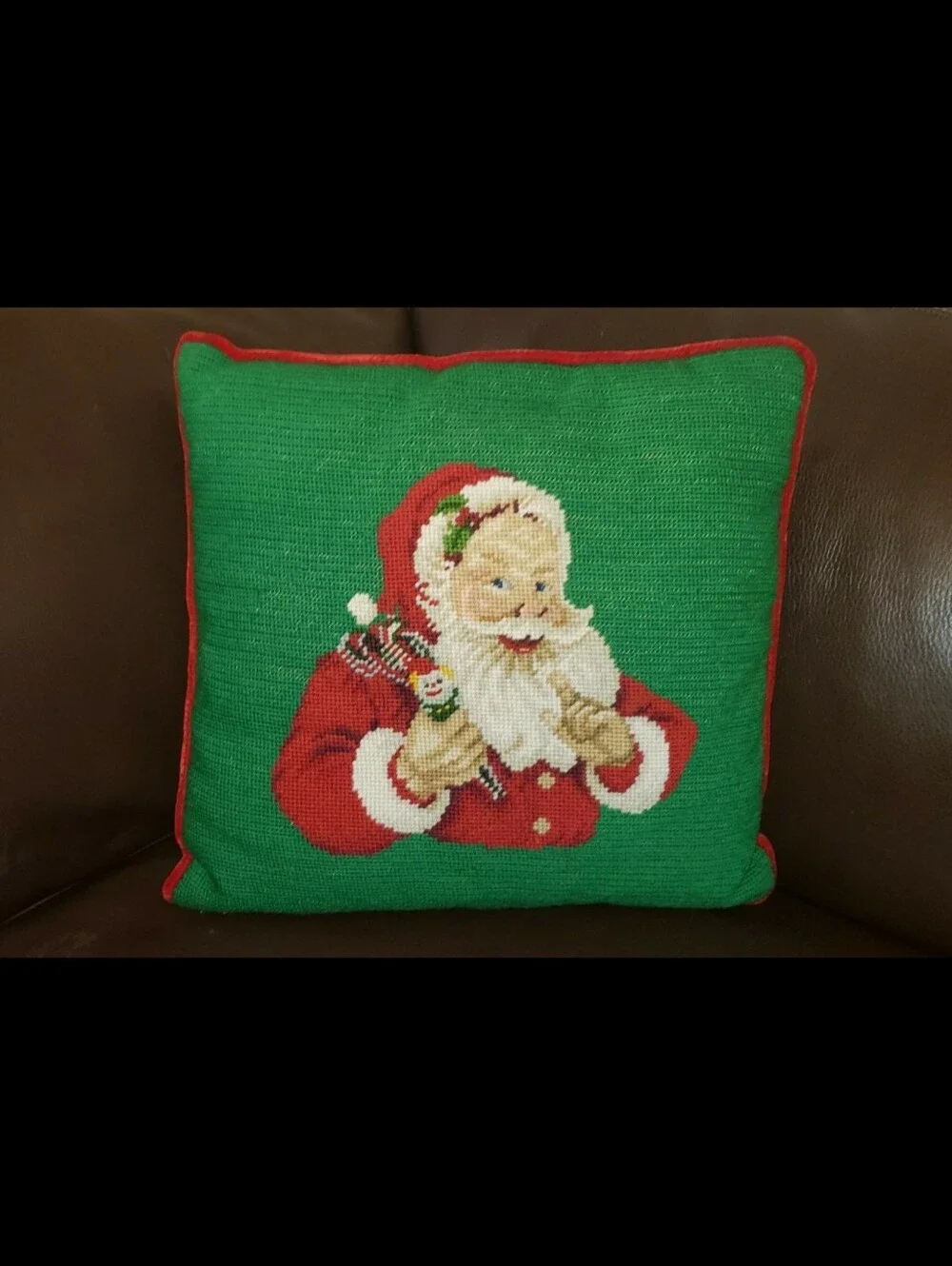 Vintage Mischievous Looking Santa With Jester/Clown Toy Needlepoint Pillow